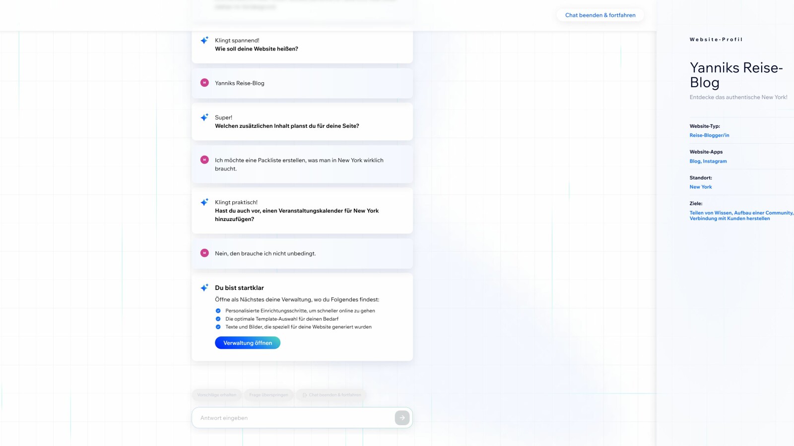 Der KI-Assistent Wix ADI stellt relevante Fragen zur gewünschten Website als Chatbot und fasst die wichtigsten Fakten als Website-Profil zusammen.