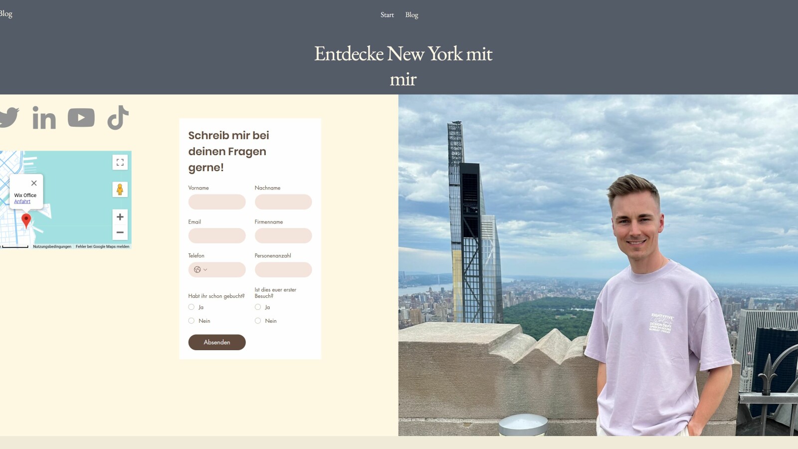 Auf der Startseite unseres Reise-Blogs konnten wir im Test wichtige Elemente wie das Kontaktformular oder Social-Media-Links per Drag-and-Drop unterbringen.