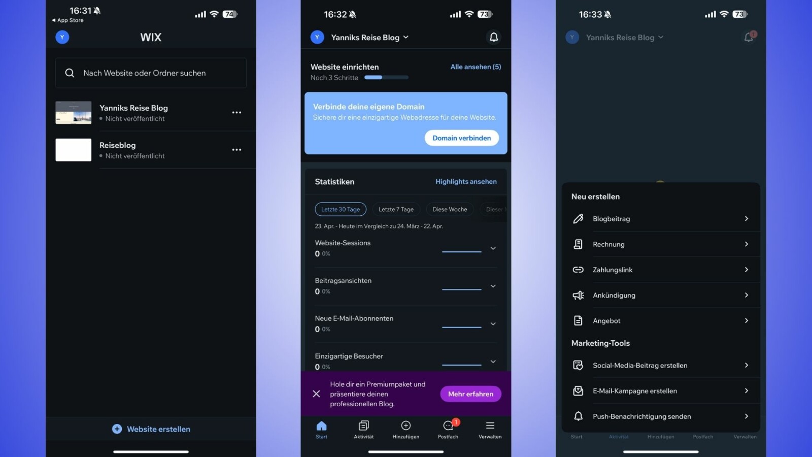 Mit der Wix-App stehen auch mobil die wichtigsten Features des Baukastens zur Verfügung. So lassen sich etwa Blogeinträge einplanen oder Aufrufe verwalten.