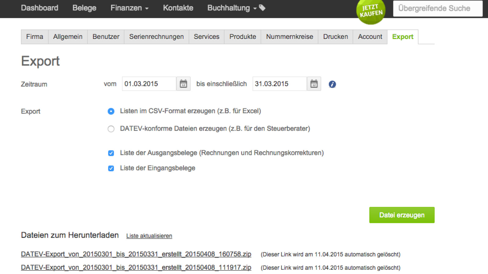 Möchtet ihr die Daten exportieren, geht das über die Registerkarte "Export". Allerdings werden nur die reinen Buchungssätze exportiert. Die Belege lassen sich auf diesem Weg nicht exportieren.