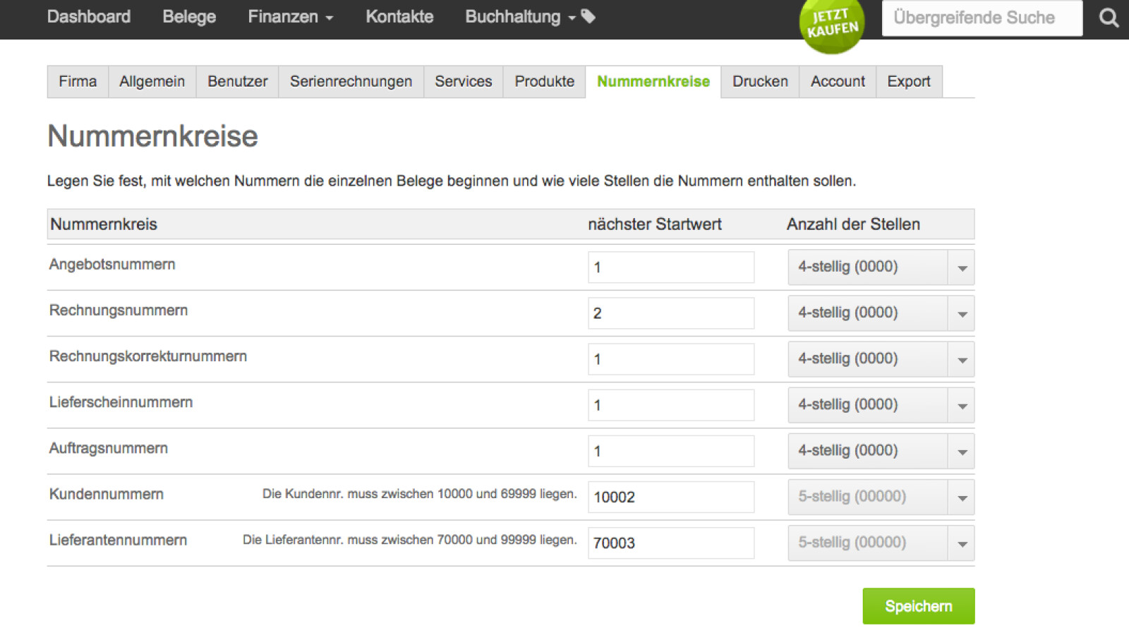 Damit die Nummernkreise zu euren bisherigen Rechnungs- oder Kundennummern passen, könnt ihr diese unter "Nummernkreise" konfigurieren.