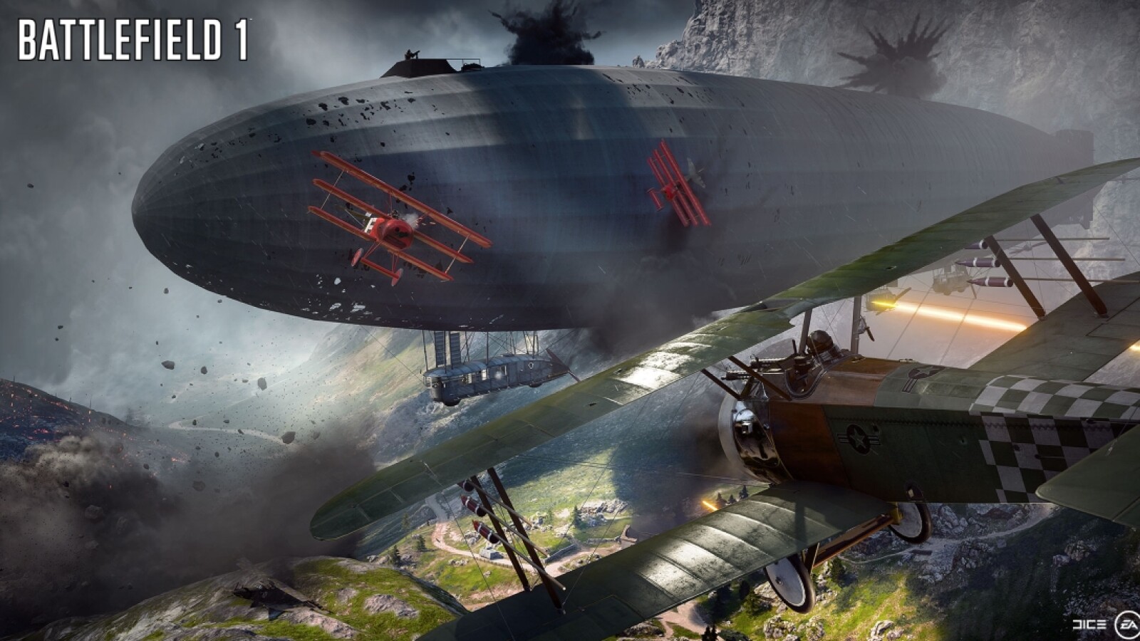 Zeppeline, Flugzeuge und Explosionen verdecken den Himmel.