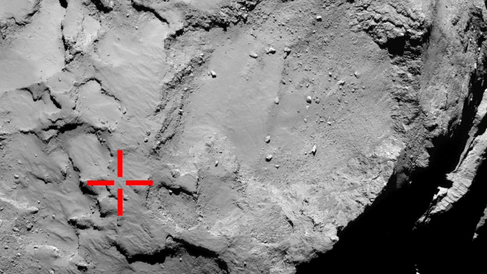 Philae soll hier zum ersten Mal 67P/Churyumov-Gerasimenko erreicht haben. (Bild: ESA/Rosetta/MPS for OSIRIS Team MPS/UPD/LAM/IAA/SSO/INTA/UPM/DASP/IDA)
