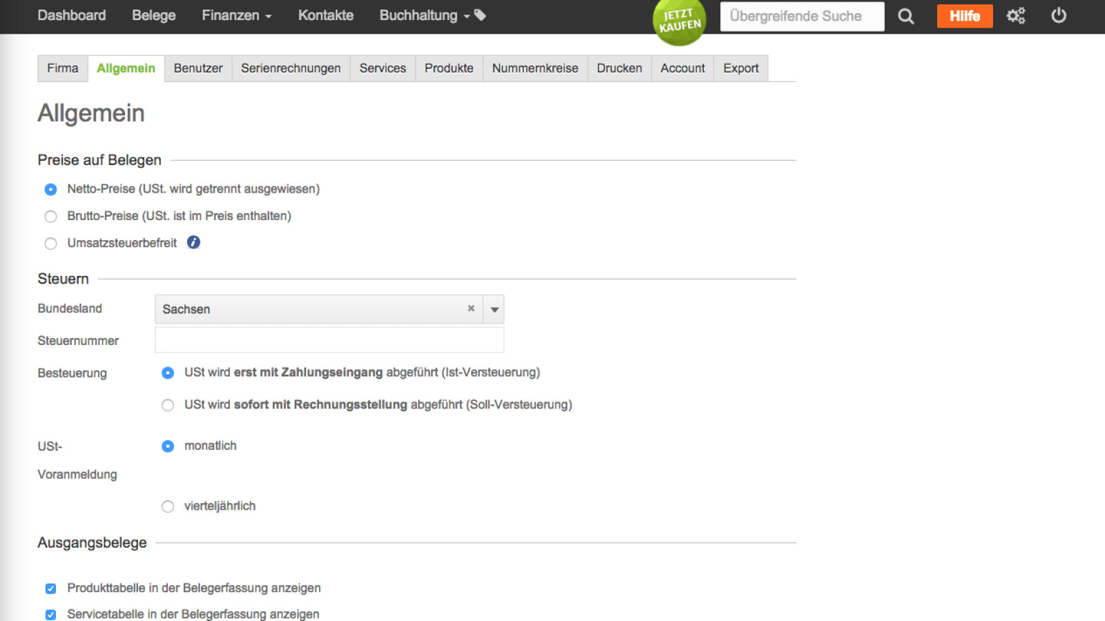 Unter "Allgemein" konfiguriert ihr die Eingabe von Preisen, hinterlegt die Daten des Finanzamts und gebt den verwendeten Kontenrahmen an.