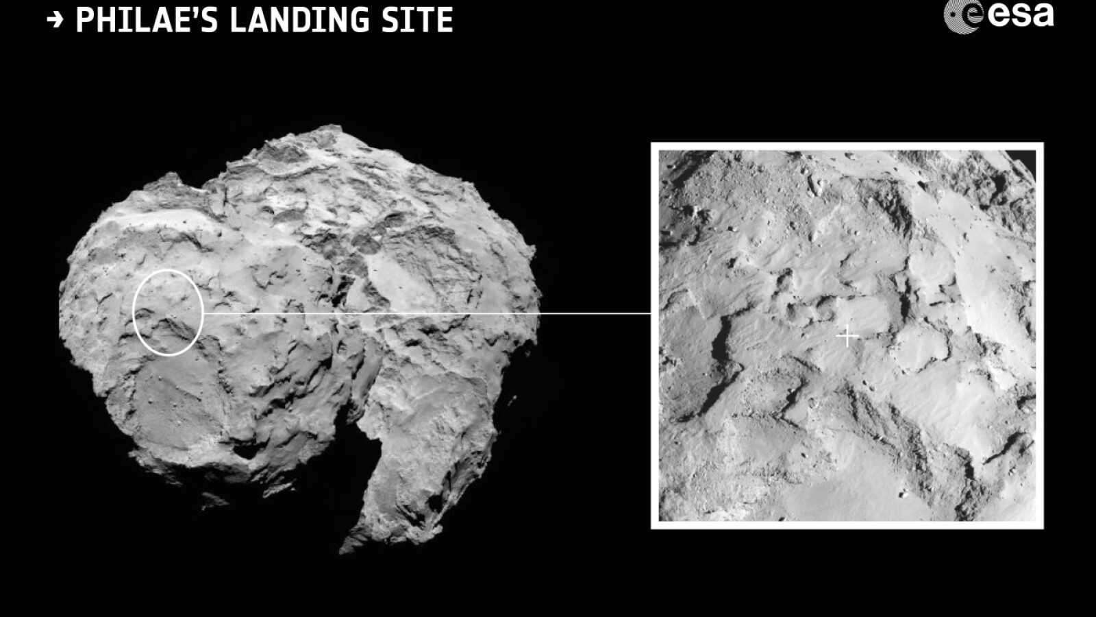 An dieser Stelle hat sich Rosettas Landeeinheit Philae niedergelassen. (Bild: ESA)