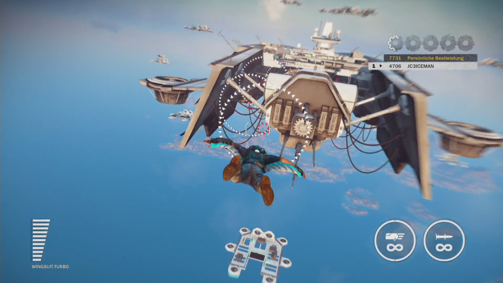 Zentrales Element ist ein Wingsuit mit Raketenantrieb.