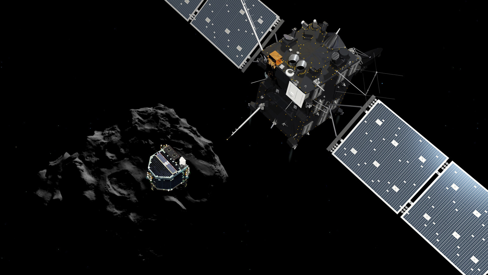 Die Landeeinheit Philae (links) wurde erfolgreich von Rosetta abgekoppelt. (Bild: ESA)