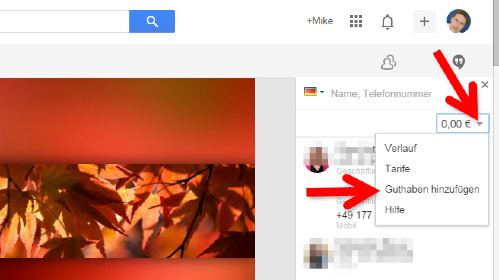 Unterhalb des Suchfelds siehst du dein aktuelles Guthaben. Um dein Konto aufzuladen, klickst du auf den Pfeil hinter dem Guthaben und wählst im Menü "Guthaben hinzufügen" aus.