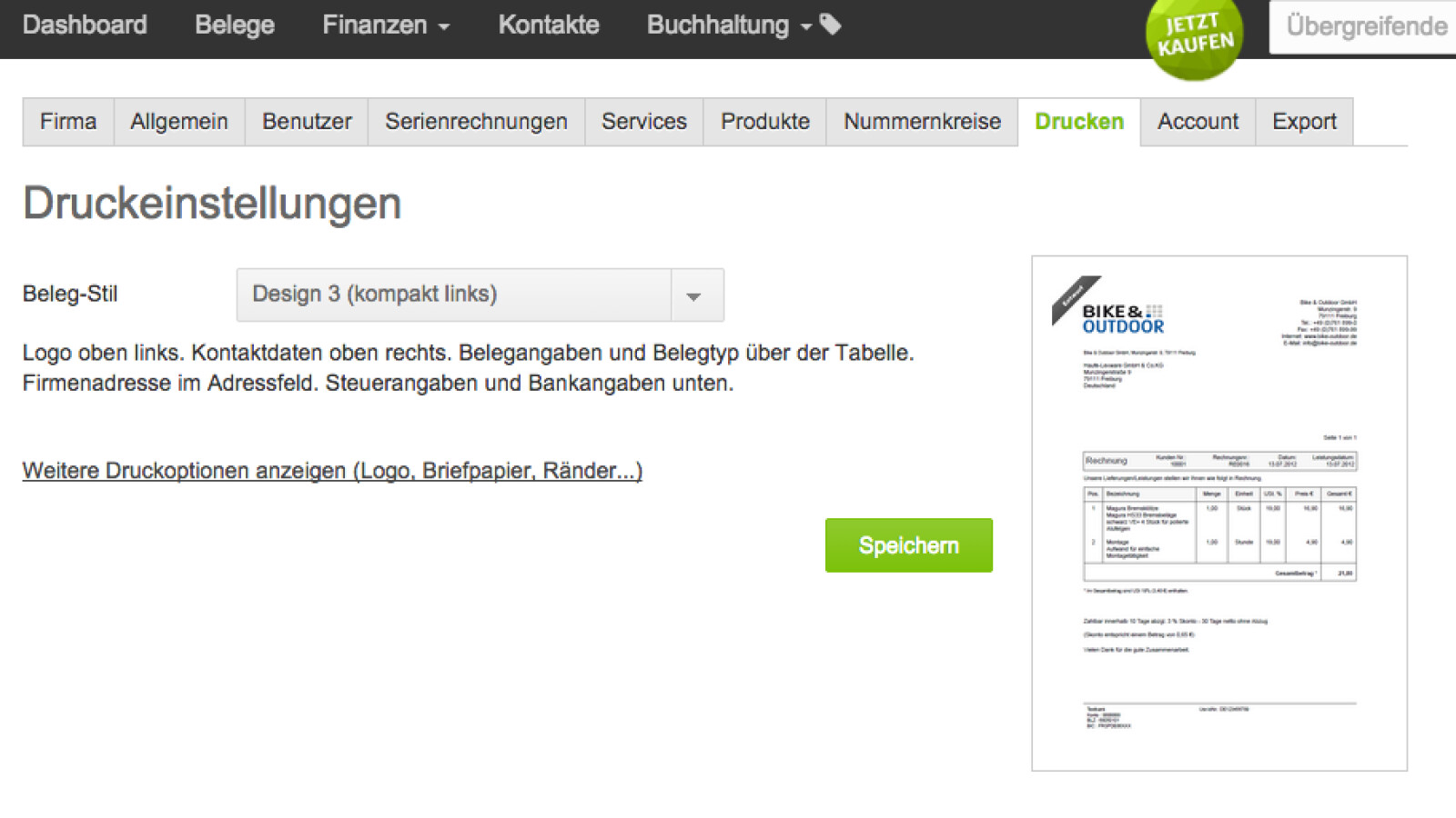 In den Druckeinstellungen legt ihr fest, wie Angebote oder Rechnungen optisch aussehen sollen. Neben fertigen Vorlagen für den Stil der Dokumente könnt ihr bei Bedarf auch einen eigenen Briefkopf hinterlegen.