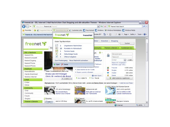 Im Internet Explorer können Inhalte des E-Mail-Dienstes von Freenet als Web Slice eingebunden werden. Änderungen werden so jederzeit im Browser angezeigt. Bild: Freenet