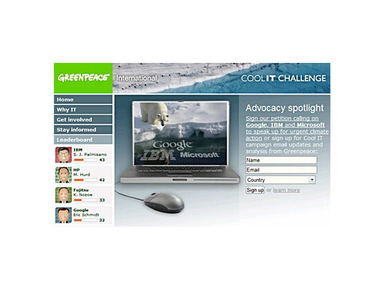 Petition auf der Greenpeace-Homepage: Wer unterzeichnet, fordert Microsoft, IBM und Google auf, sich klarer für Maßnahmen zum Schutz der Umwelt auszusprechen.