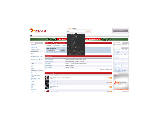 Die Suche im 7digital-Musikportal überzeugt durch logischen Aufbau.