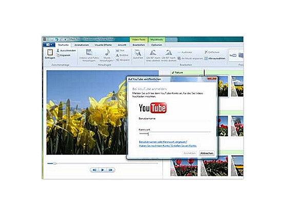Windows Live Movie Maker: Fertige Videos lassen sich direkt aus dem Movie Maker heraus in Youtube hochladen.