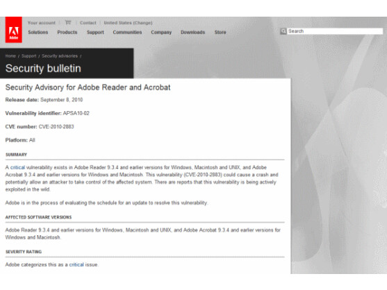 Adobe weist auf eine neue Sicherheitslücke in seiner PDF-Software hin. Bild: Screenshot