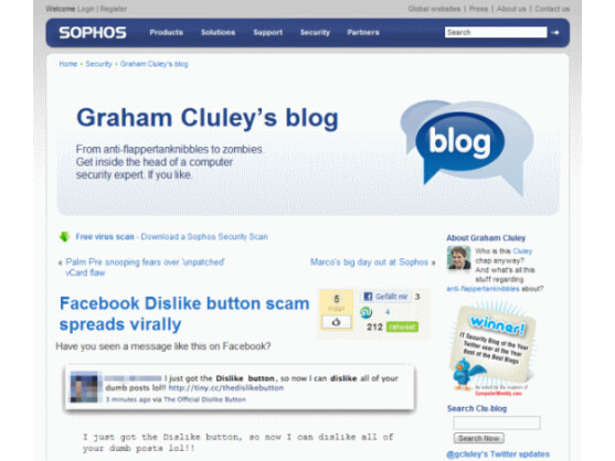 In einem Blog-Eintrag warnt Sophos vor der Installation des "Dislike"-Buttons. Bild: Screenshot