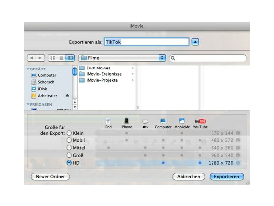 Die Export-Funktion unterstützt nur Videos bis 720p. Für FullHD muss der Nutzer auf den Quicktime-Export zurückgreifen.