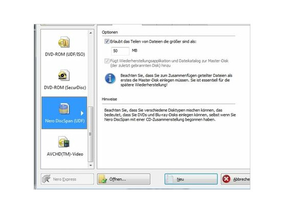 Die neue "DiskSpan"-Funktion gestattet das einfache Brennen großer Dateien auf mehrere unterschiedliche Datenträger.