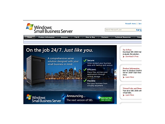 Der Small Business Server (SBS) soll auch kleinere Betriebe mit weniger als 25 Mitarbeitern den Weg ins Cloud Computing ebnen. Das Bild zeigt die Website für den SBS.