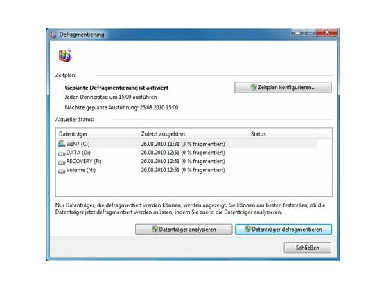 Stark verbessert: Der Defragmentierungsdienst in Windows 7.