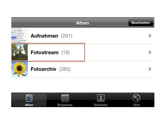 Nach der Aktivierung von Fotostream erscheint ein gleichnamiger Ordner in der "Fotos"-App.