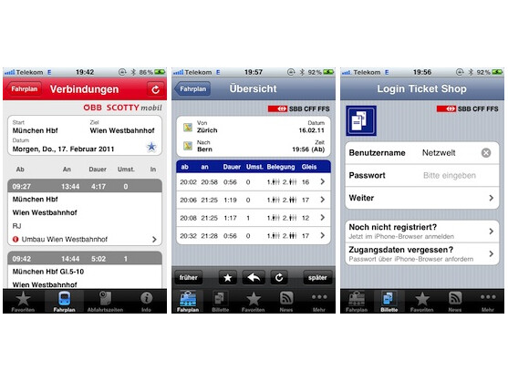 Auch die Apps von ÖBB und SBB zeigen Fahrpläne, Verbindungen und mehr an.