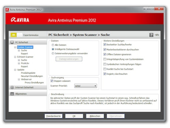 Avira bietet für die Einstellungen wie gewohnt einen Expertenmodus an.