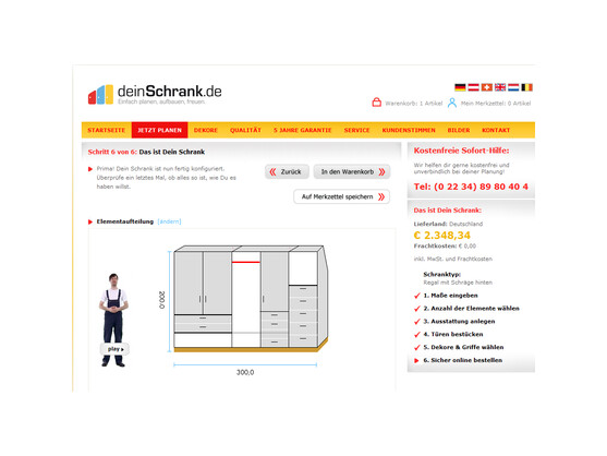 Beim Planen auf deinschrank.de führt ein virtueller Handwerker durch den gesamten Gestaltungs- und Bestellvorgang. 