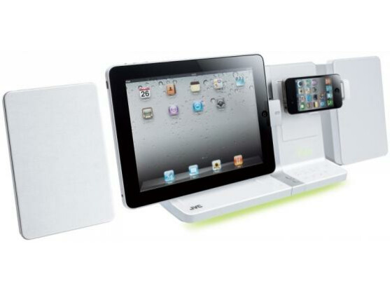 Duales Docking-System: Das JVC UX-VJ5WE nimmt iPad und iPhone gleichzeitig auf.