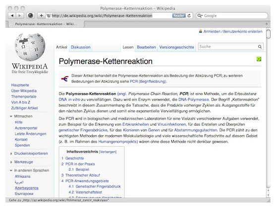 Der erste Wikipedia-Eintrag in Deutschland handelt von der Polymerase-Kettenreaktion.