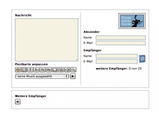 Grusskartenfreunde.de ermöglicht den gleichzeitigen Versand einer E-Card an bis zu 20 Empfänger.