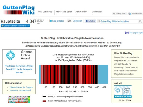 Das GuttenPlag Wiki ist einer der Preisträger des Grimme Online Awards 2011.