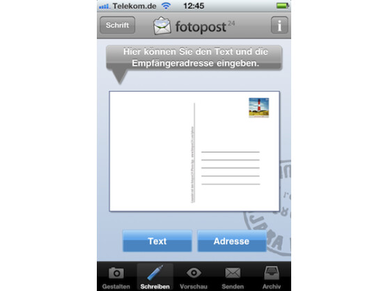 Mit Hilfe der App Postkarte lassen sich eigene Fotos als Postkarte inklusive Text versenden.