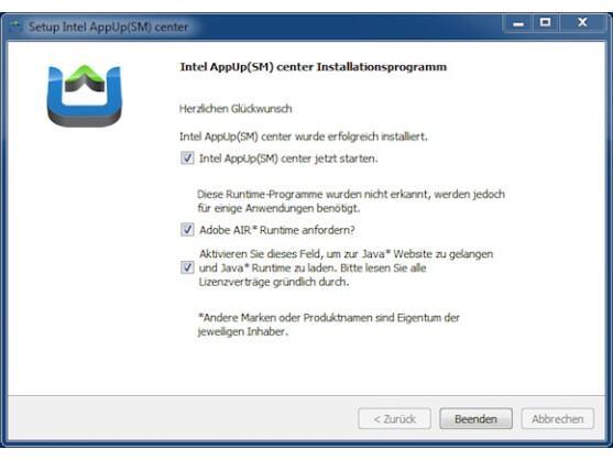 Intel empfiehlt die Installation von Java und Adobe AIR.