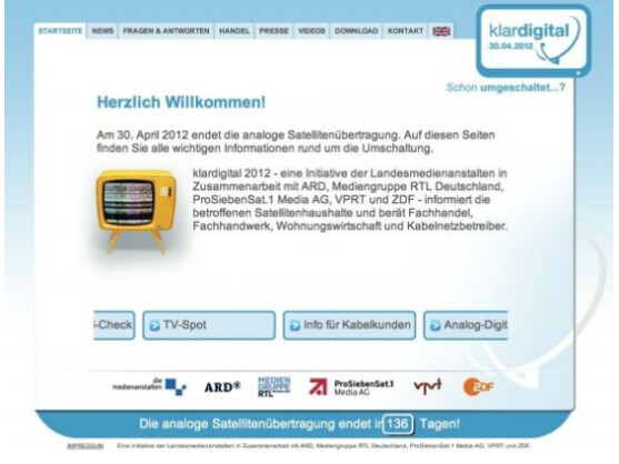 Die Kampagnenplattform klardigital.de bietet Informationen zum Thema Ende des analogen Fernsehens per Satellit.