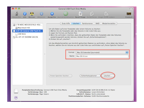 Bevor das Lion-Image auf dem USB-Stick landet, muss dieser formatiert werden.