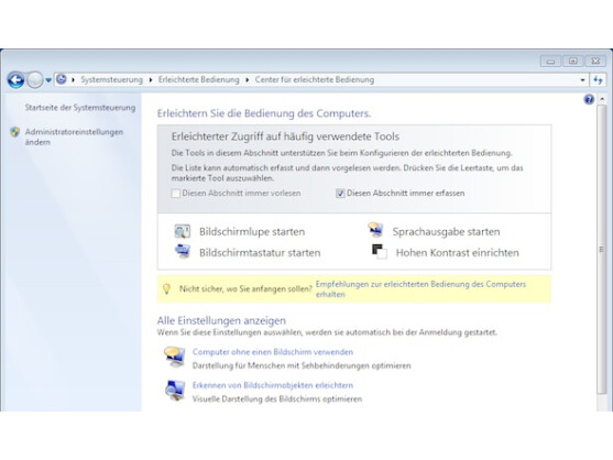 Microsoft Windows 7 beinhaltet den Center für erleichterte Bedienung.