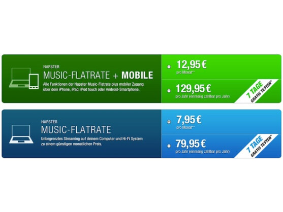 Für die mobile Variante der Musik-Flatrate berechnet Napster einen etwas höheren Preis.