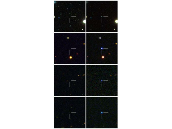 Die Bildern zeigen Ausschnitte der Galaxien vor und nach den Sternenexplosionen.