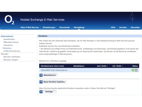 O2 Hosted Exchange beinhaltet eine kostenlose .de-Domain.