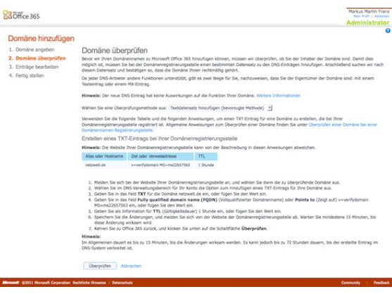 Office 365 fordert zur Bestätigung zahlreiche DNS-Einstellungen an.