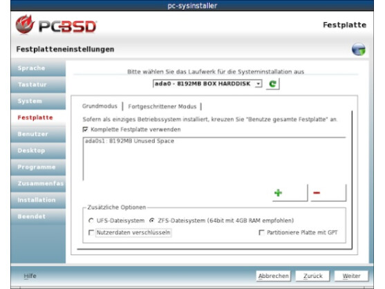 PC-BSD 9.0 ermöglicht den problemlosen Einsatz des Dateisystems ZFS.
