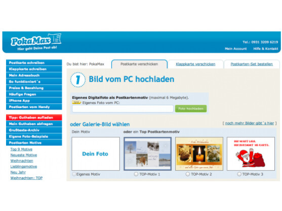 Pokamax ermöglicht die webbasierte Erstellung von Postkarten - den Versand übernimmt der Anbieter.
