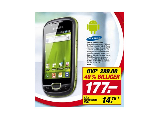 Mit dem Samsung Galaxy Mini bietet Toom ein relativ neues Einsteiger-Smartphone an.