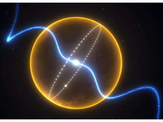 Die schematische Darstellung zeigt den Pulsar und die Umlaufbahn des Diamantplaneten im Vergleich zur Größe der Sonne.