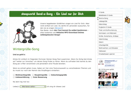 Auf sheepworld.de verschickt man bei Bedarf auch einen MP3-Song als Weihnachtsgruß. Das Resultat ist aber gewöhnungsbedürftig.