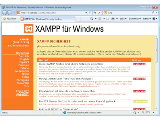 Die Sicherheitsüberprüfung in XAMPP untersucht das System auf Schwachstellen.