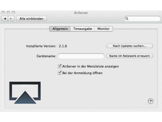Die Software AirServer kann über die Systemeinstellungen in Mac OS X administriert werden.