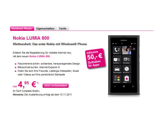 Die Telekom nimmt bereits Vorbestellungen für das Lumia 800 entgegen.