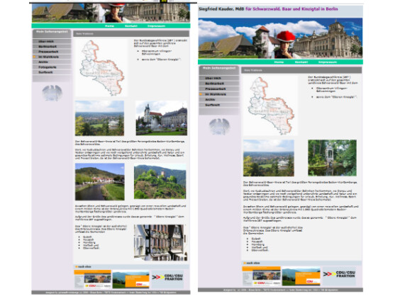 Die Webseite von Siegfried Kauder: Links ist die Unterseite Wahlkreis mit den offenbar missbräuchlich genutzten Fotos zu sehen, rechts die inzwischen bereinigte Seite.