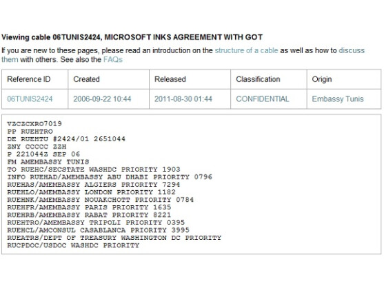 Das auf WikiLeaks veröffentlichte Kabel zeigt enge Verbindungen zwischen Microsoft und der tunesischen Regierung seit 2006.